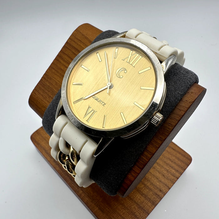 Charming Charlie Women's Gold Dial Quartz Watch White Silicone Strap Chain Accent