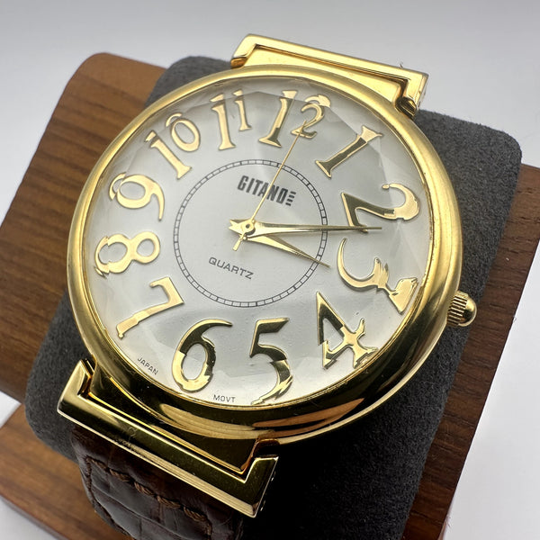 Gitano Quartz Gold Tone Watch White Dial Braided Brown Leather Strap