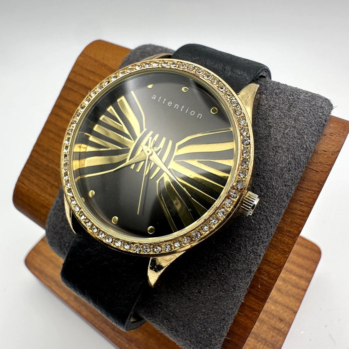 Attention Gold-Tone Black Dial Quartz Watch with Crystal Bezel