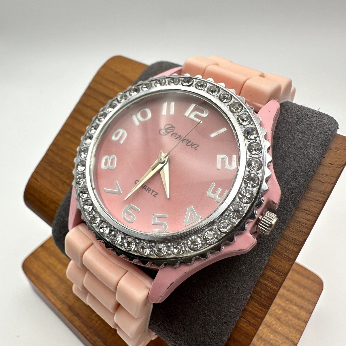 Geneva Pink Quartz Watch Crystal Bezel Silicone Strap Ladies Unisex