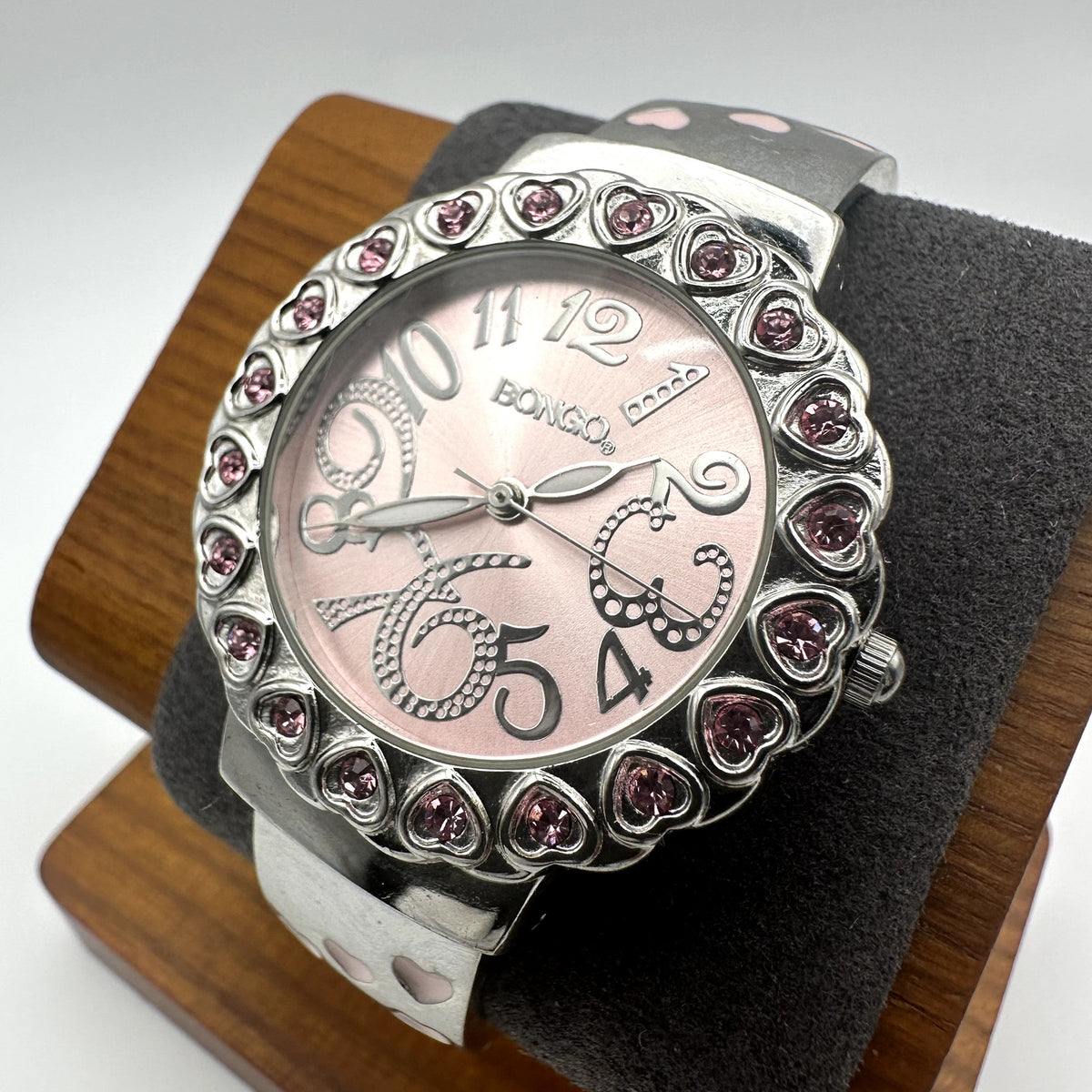 Bongo Pink Dial Heart Crystal Bezel Silver Cuff Bangle Watch BG3745