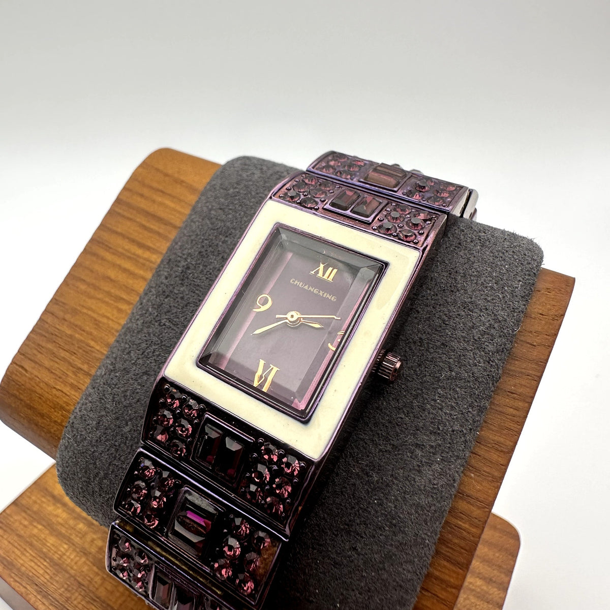 Purple Crystal Link Bracelet Quartz Watch Rectangular Dial