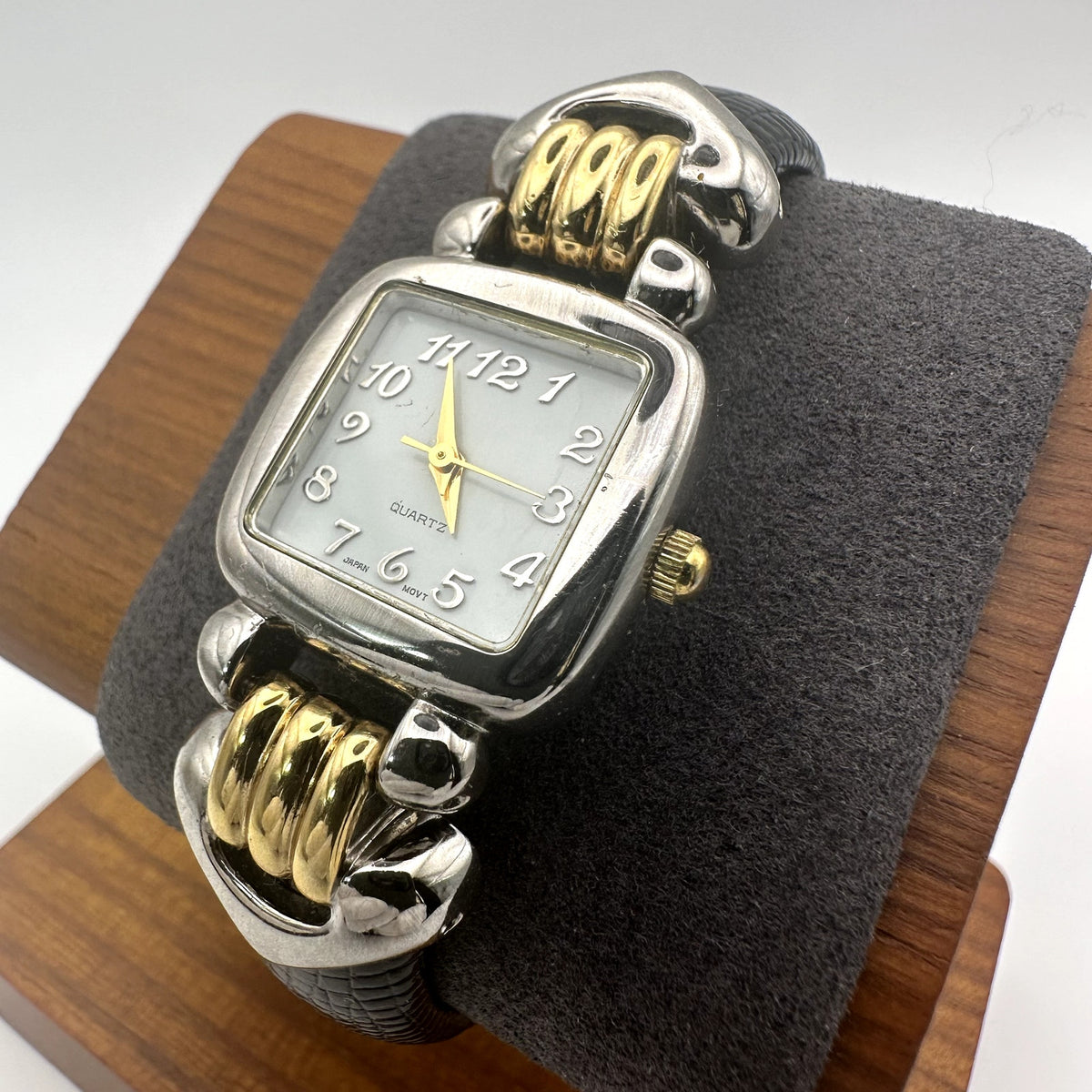 Two Tone Square Quartz Watch White Dial Gold-Tone Hands Black Textured Band