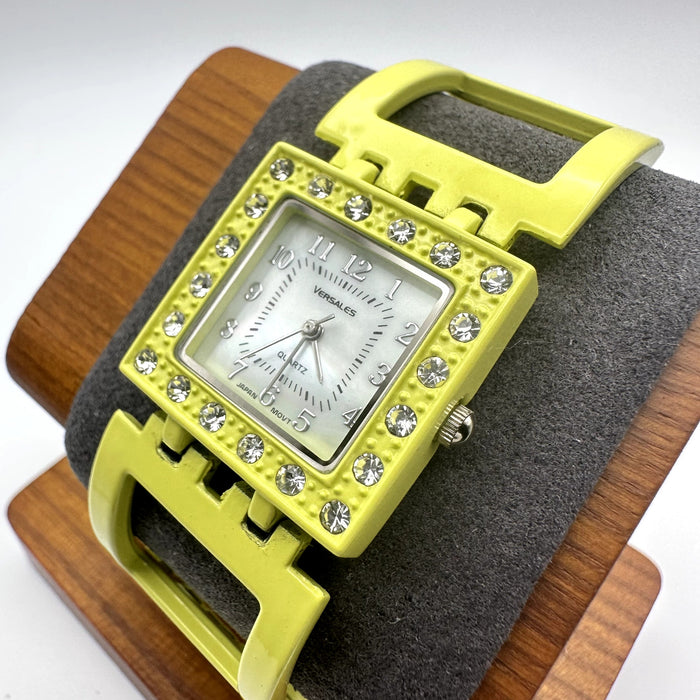 Versales Yellow Square Quartz Watch Rhinestone Bezel Link Bracelet