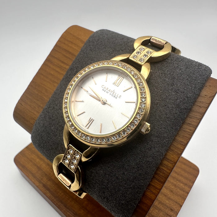Caravelle Bulova New York Rose Gold Tone Crystal Bezel Bracelet Watch Roman Dial 44L163