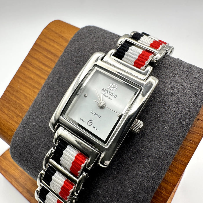 Beyond America Quartz Rectangular Watch Silver Tone Flag Strap
