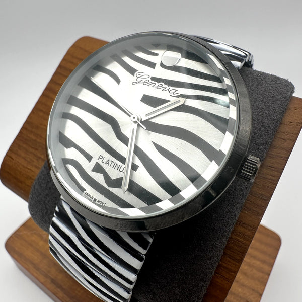 Geneva Platinum Zebra Dial Stretch Band Watch Black White Silver Tone