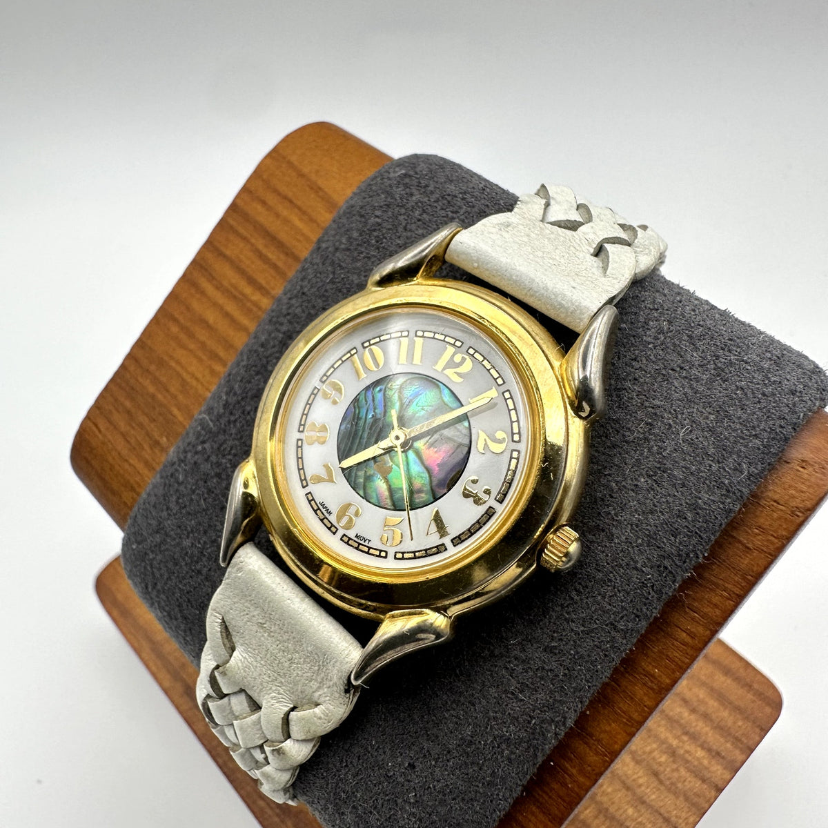 Women's Gold Tone Quartz Watch White Braided Strap Abalone Dial