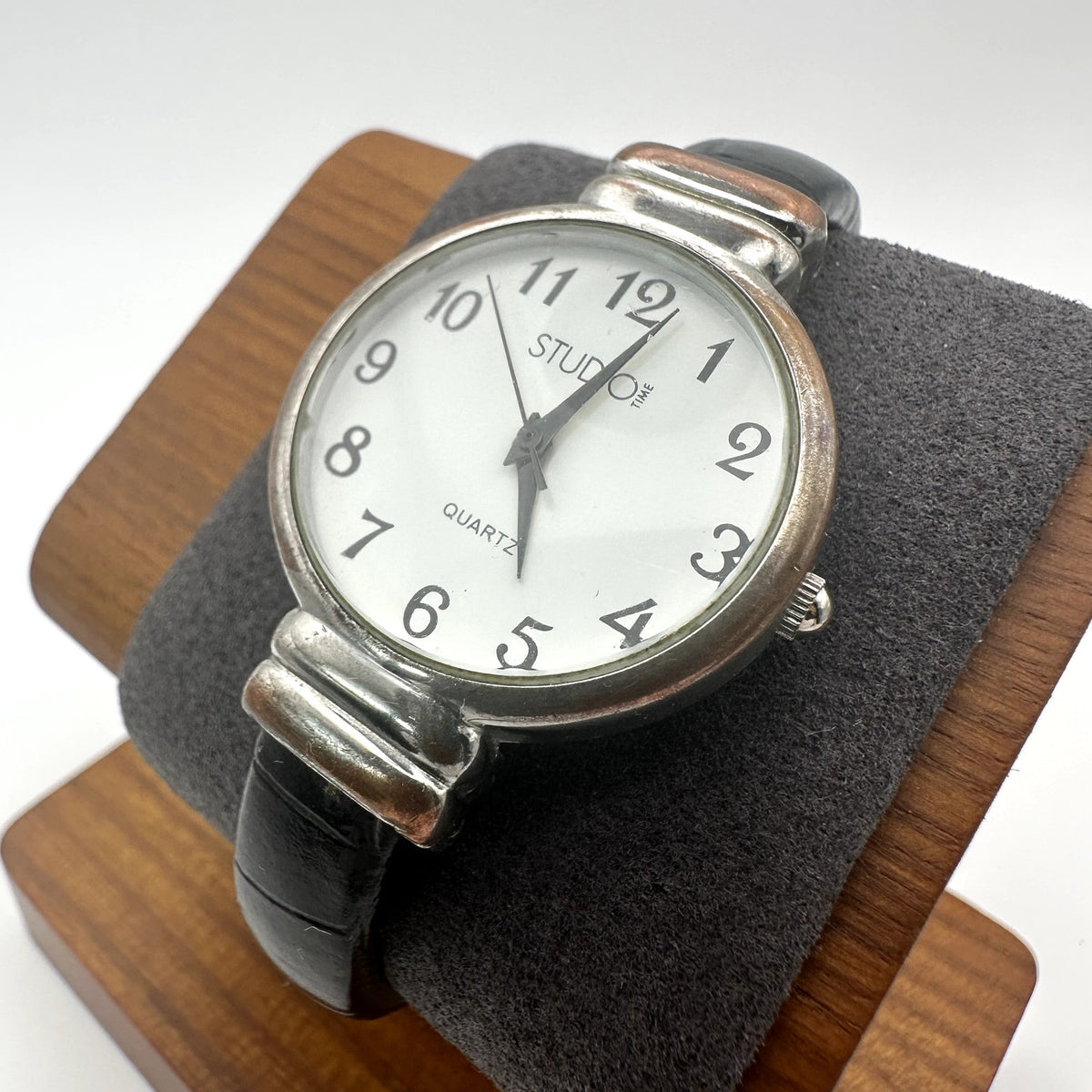 Studio Time Quartz Bangle Watch Silver Tone White Dial Black Band