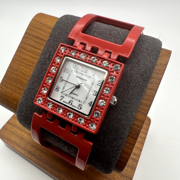 Versales Ladies Red Square Quartz Watch Crystal Bezel Wide Link Bracelet Japan Movt