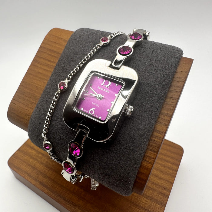 Versales Purple Dial Silver Tone Quartz Bracelet Watch w Purple Crystals