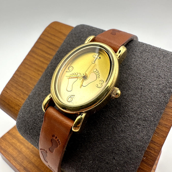 Footprints Gold Tone Oval Quartz Watch Brown Leather Strap Christian Cross