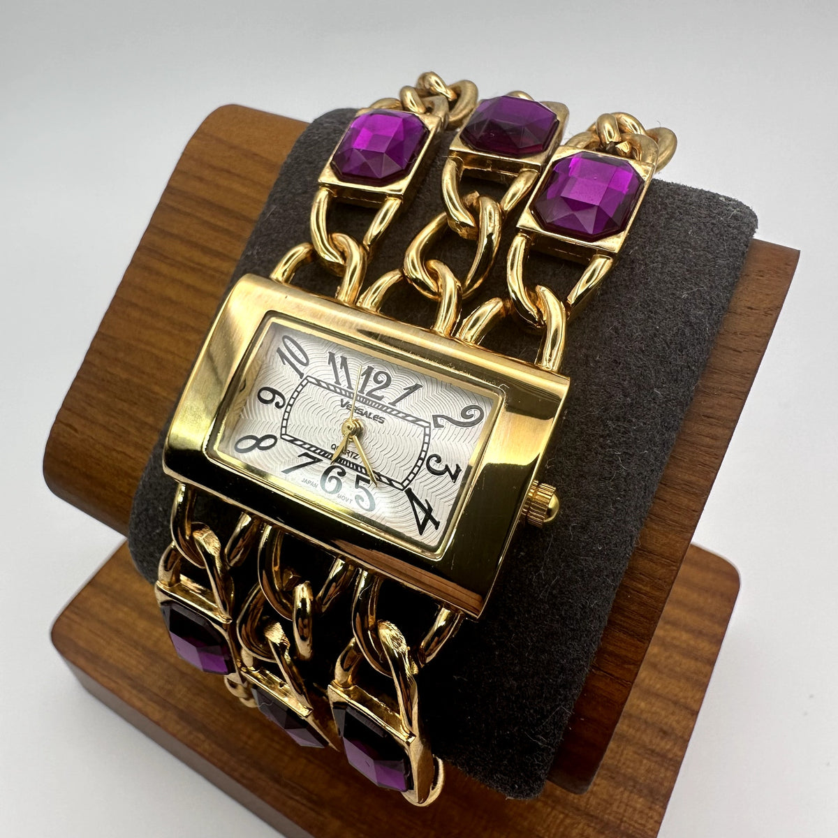 Versales Gold Tone Jewelry Chain Bracelet Quartz Watch w Purple Stones Rectangular Dial