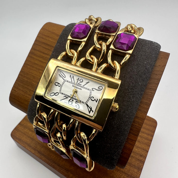 Versales Gold Tone Jewelry Chain Bracelet Quartz Watch w Purple Stones Rectangular Dial