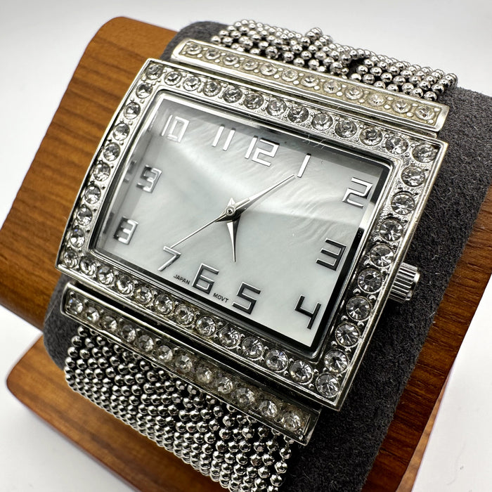 QRTZ Silver-Tone Crystal Rectangular Quartz Bracelet Watch