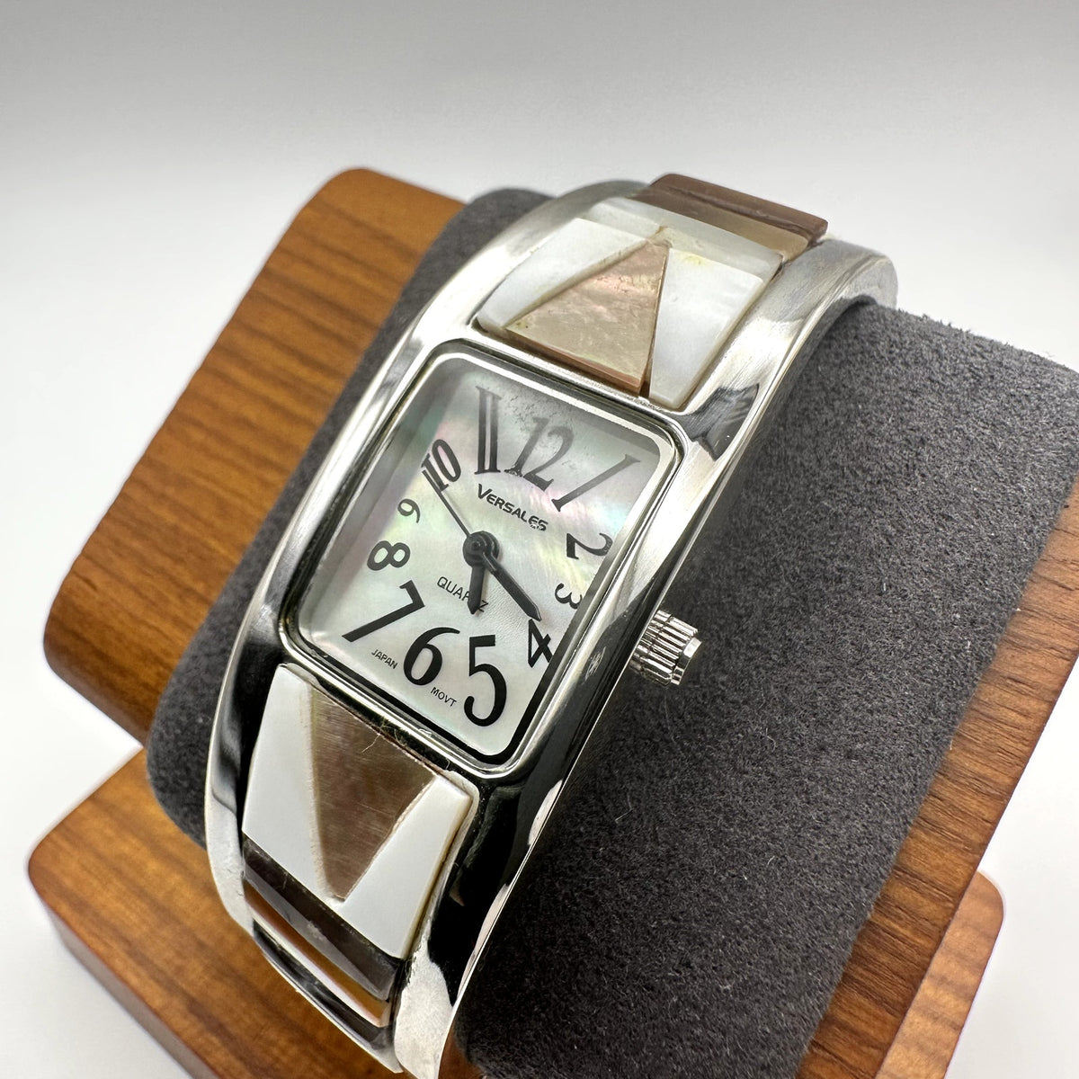 Versales Quartz Bangle Watch Silver Tone Rectangular Dial Mother of Pearl