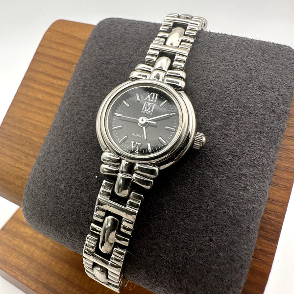 Maurices Ladies Silver Tone Quartz Watch Black Dial Roman Numerals Link Band