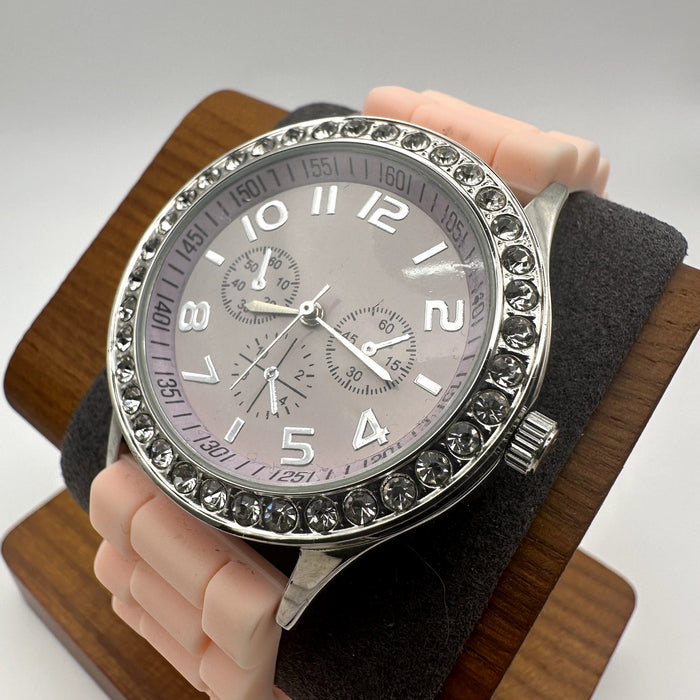 Darice Silver Tone Crystal Bezel Quartz Watch w Pink Strap