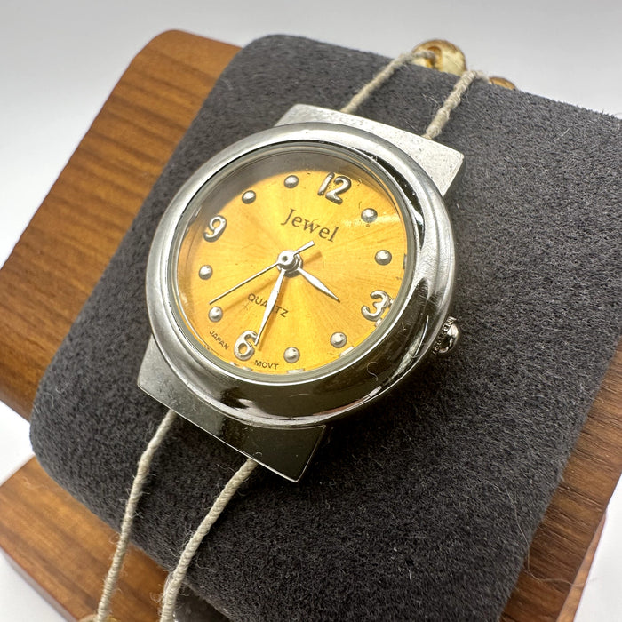 Jewel Quartz Bracelet Watch Orange Gold Dial Silver Tone Beads & Amber Stones