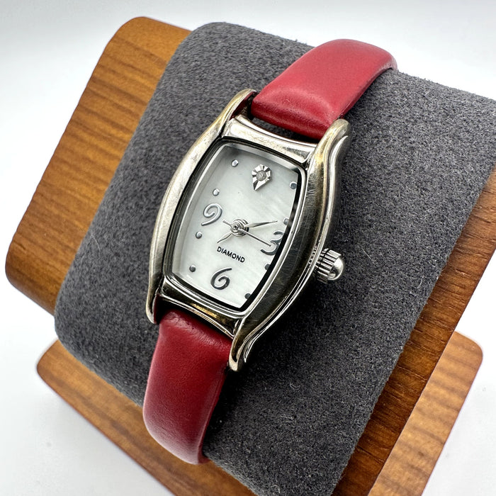 Diamond Women's Red Leather Strap Quartz Watch Silver Tone Tonneau Case