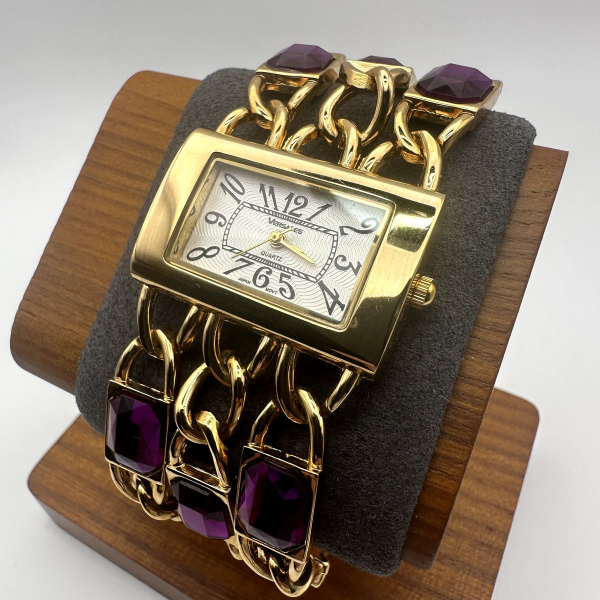 Versales Gold Tone Chain Bracelet Watch w Purple Stones Rectangle Dial
