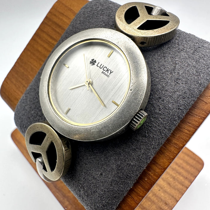 Lucky Brand Silver Tone Quartz Analog Peace Sign Bracelet Watch
