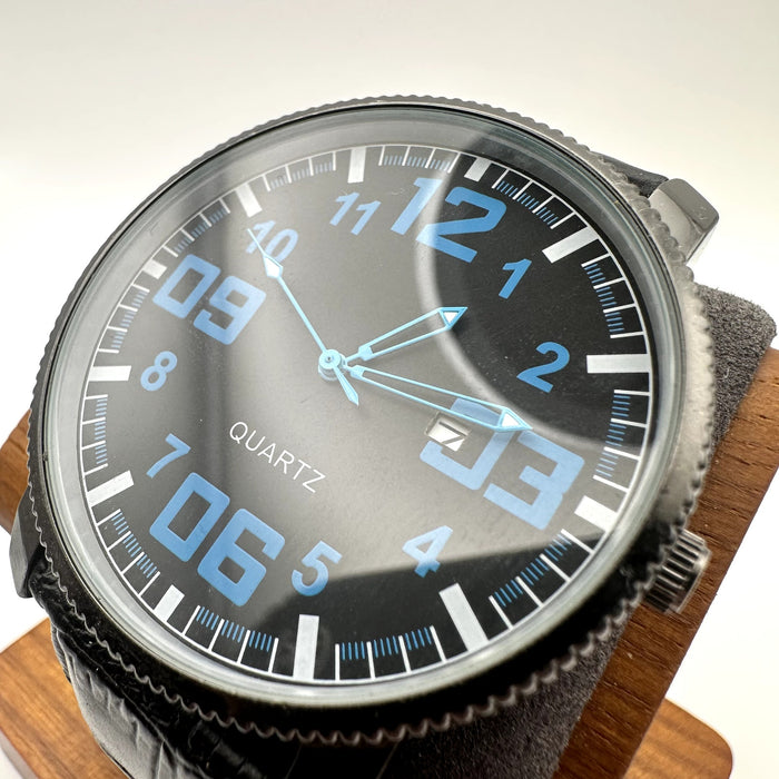 Large Quartz Black Dial Blue Numerals Date Watch with Black Strap