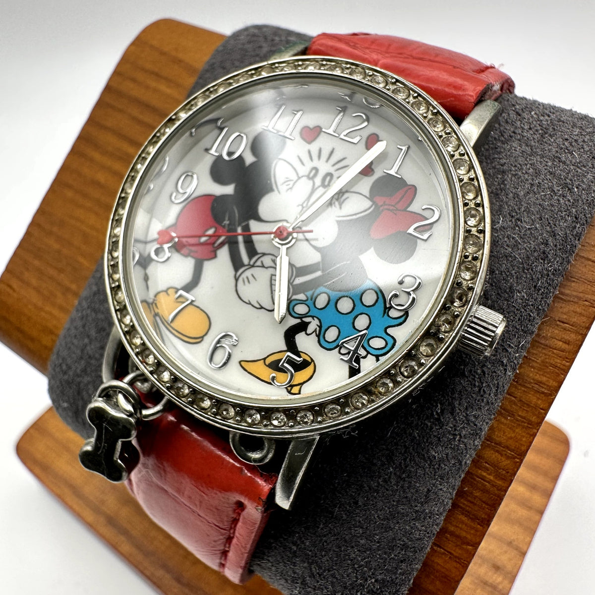 Disney Mickey & Minnie Mouse I Love You Quartz Analog Watch Red Strap Silver Tone