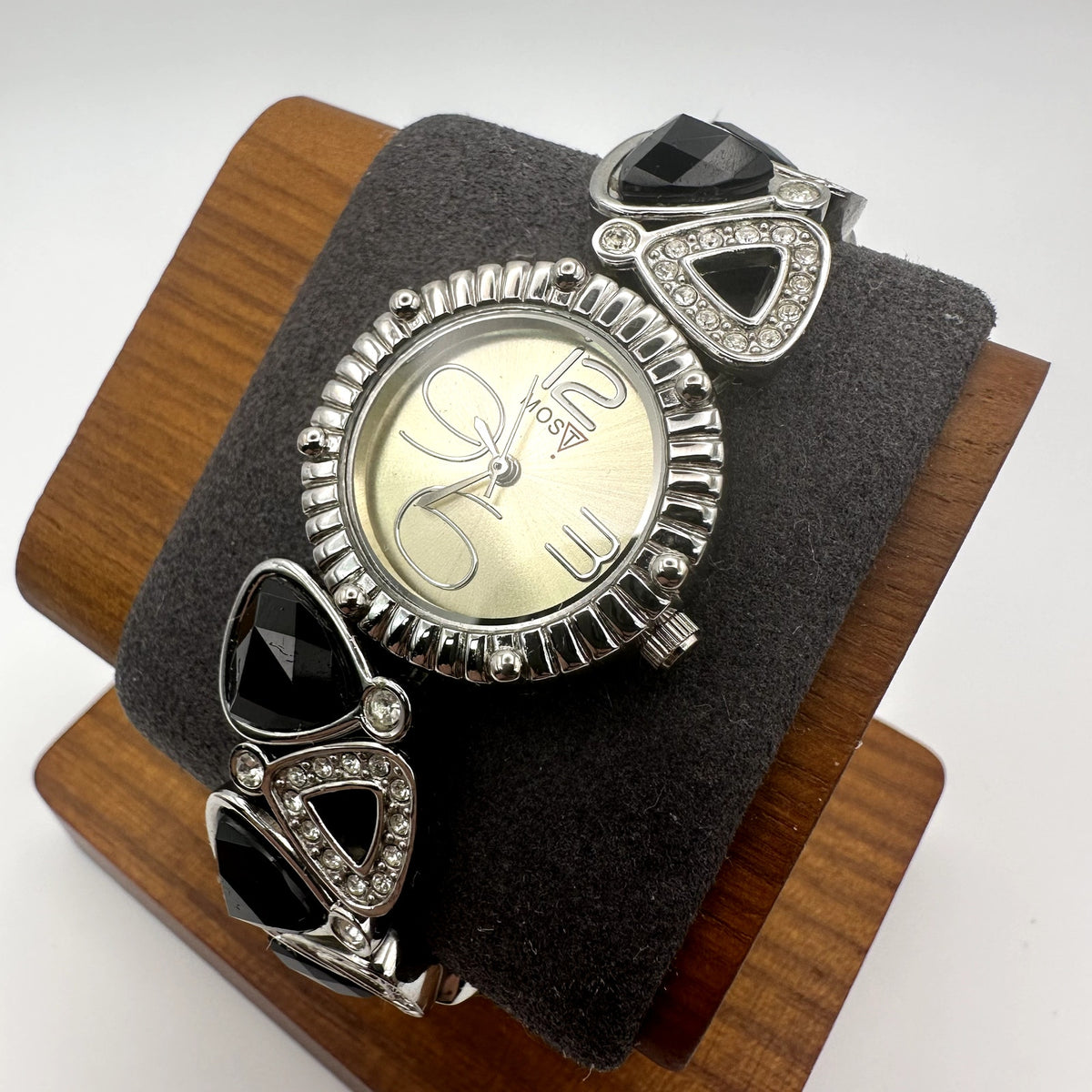 Most Bracelet Watch Champagne Tone Dial Black Triangle Stones w Decorative Crystals