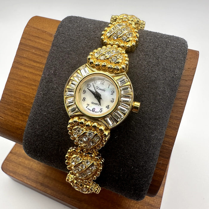 Xanadu Gold Tone Vintage Quartz Bracelet Watch with Crystal Bezel, Mother-of-Pearl Dial and Shell Links