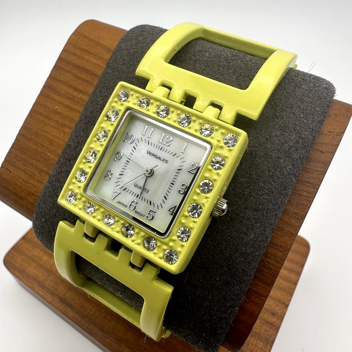 Versales Yellow Square Quartz Watch w Rhinestone Bezel & Link Bracelet