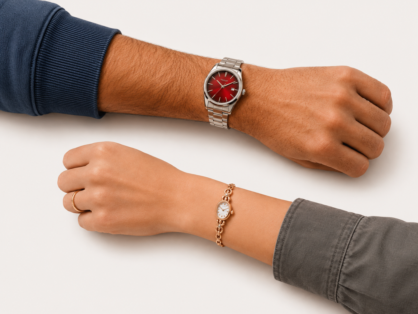 A men's and women's watch worn on the wrist